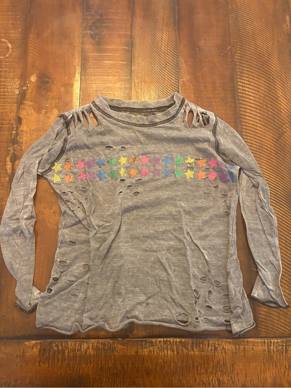chic Gray Long Sleeve Top with Rainbow Star Row